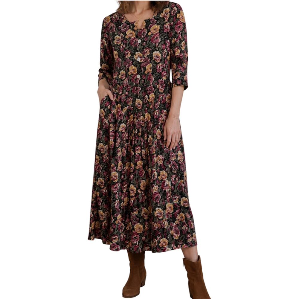 Vintage ED Michaels Midi Dress Shift 80s 3/4 Sleeves Pleated Floral Black 13-14P